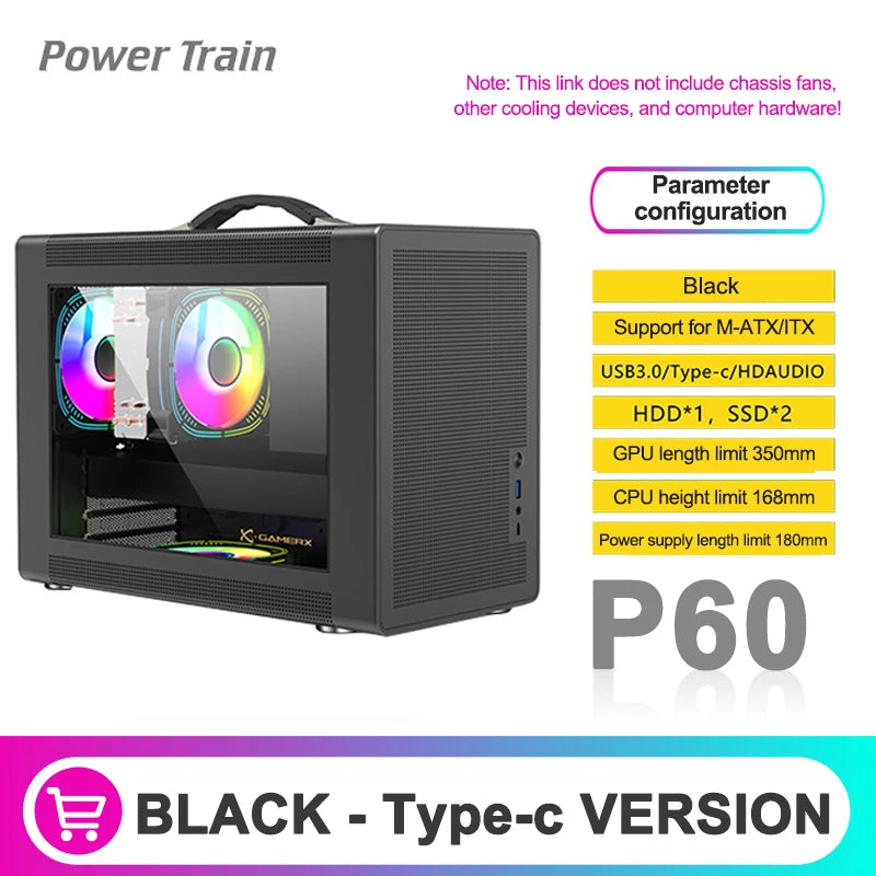 Power Train P60 M-ATX Portable Computer Case ITX Motherboard ATX/SFX Power Supply Support U3 Type-C Desktop MINI Small Chassis