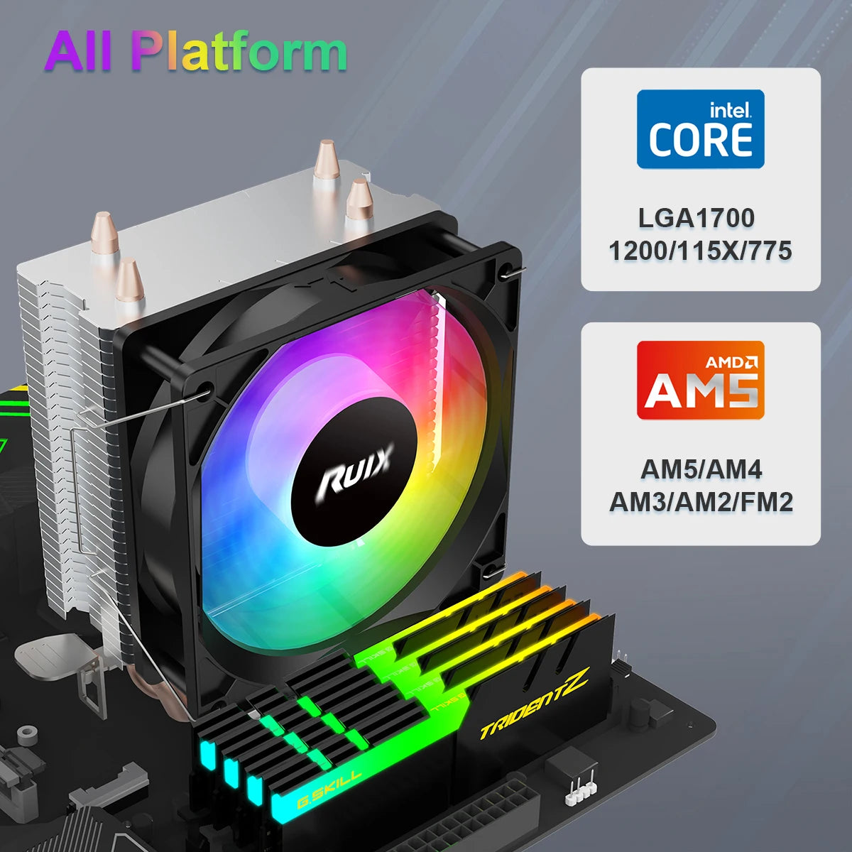 Ruix X2000 Air CPU Cooler 2 Heatpipes Radiator Cooling RainbowRGB 3PIN Fan Quiet Ventilador For Intel 115X 1200 1700 AM4 AM5 AMD