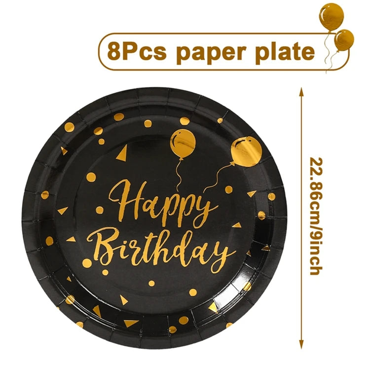 Happy Birthday Black Gold Disposable Tableware Birthday Party Decoration Adult Birthday Anniversary Supplies Paper Plate Napkins