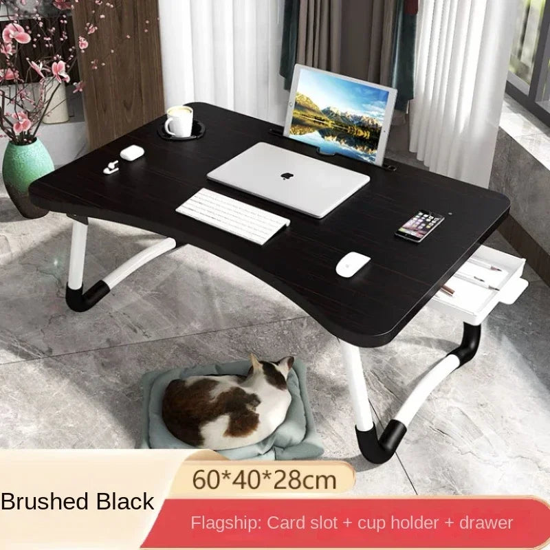 Foldable Laptop Table for Bed & Office Study Portable Black Brushed Modern Simple Design with Drawers Lazy Folding Desk