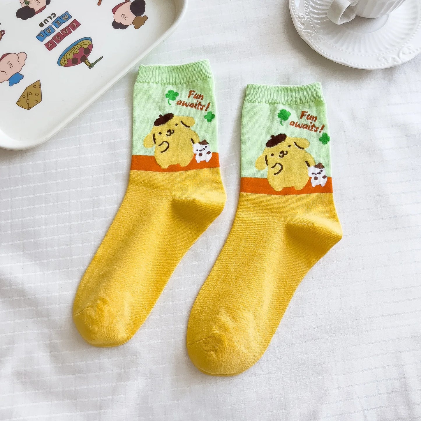 Sanrio Mymelody Cinnamoroll Pom Pom Purin Mid Length Socks Ins Breathable Minimal Design Leisure Sports Socks Girls Gifts Lovely