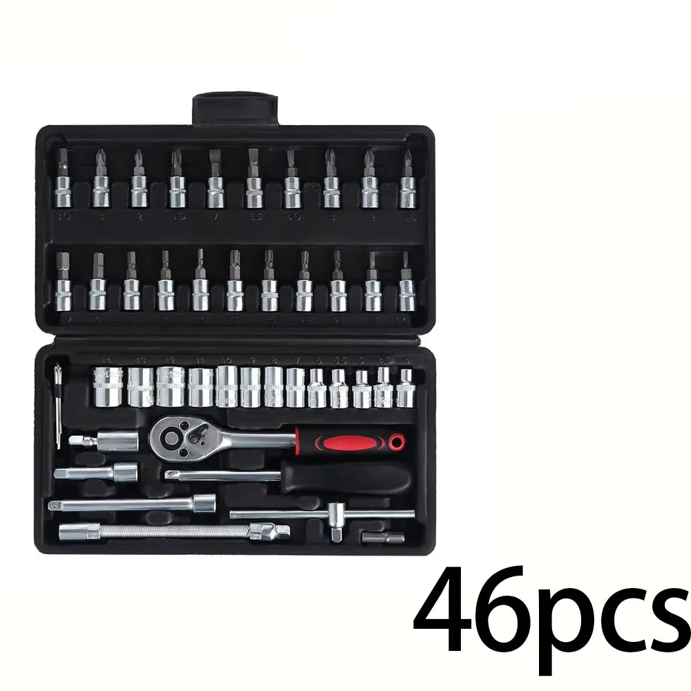 46pcs/Set Socket Wrench Diy Repair Tool Kit Ratchet Screwdriver for Car Repair Hardware Toolbox for Auto Repairing and Household