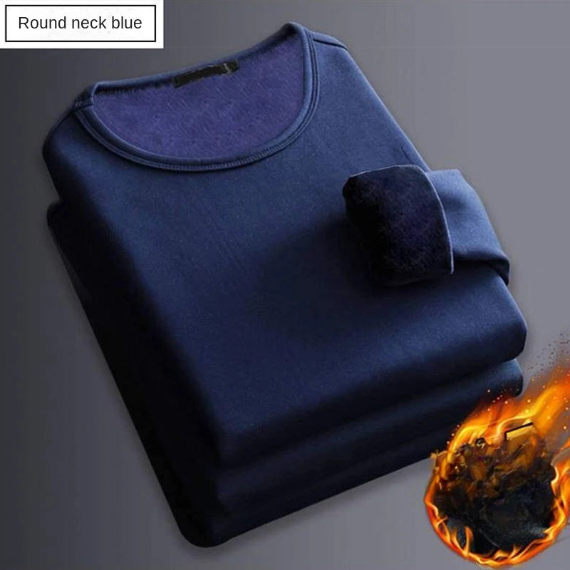 Winter Men's Long-sleeved Thermal Underwer T-Shirt Fleece Bottoming Shirt Round Neck Shirt Fashion Plus Velvet Padded T-shirt