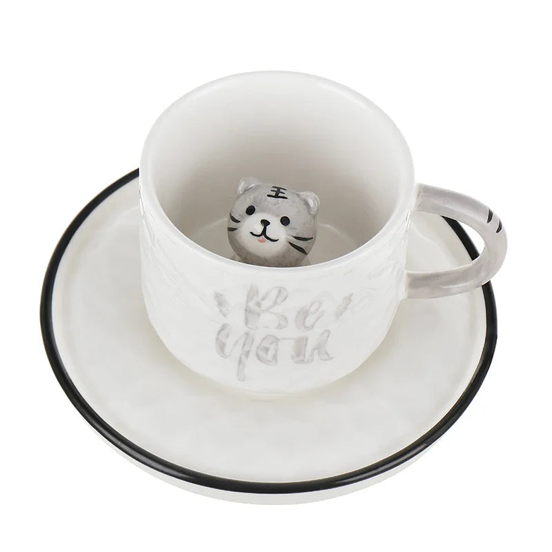Creative Cartoon Relief Ceramic Cup Animal Inside Mug Kitty Cat Coffee Cup Milk Coffee Mug with Tray