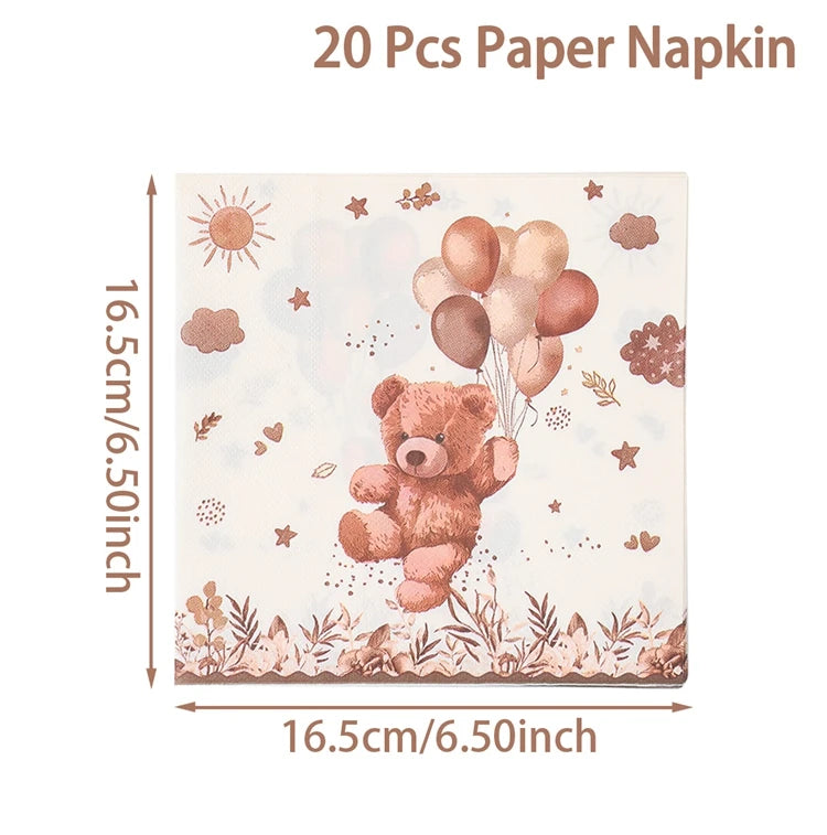 20/24pcs Disposable Tableware Brown Teddy Bear Balloon Paper Napkin Happy Birthday Party Decor Kid Boy Girl Baby Shower Supplies