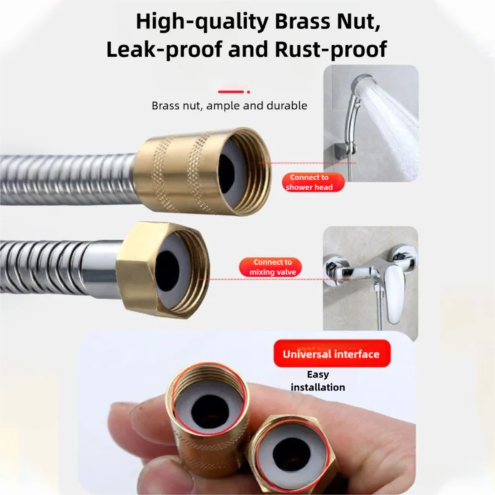 Stainless Steel Shower Hose Brass Nut Explosion-proof Extension Tube High Pressure Reinforced Handheld Shower Head Hose Bathroom