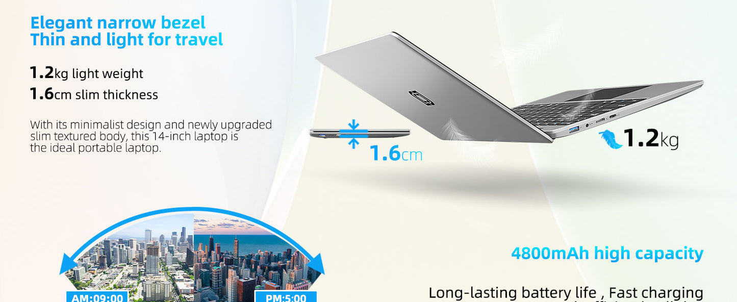 14 Inch  Windows 11 Computer Laptop PC 12GB LPDDR4 RAM 256GB SSD ROM  4-Core Processor WIFI 1080p FHD IPS Screen with Celeron