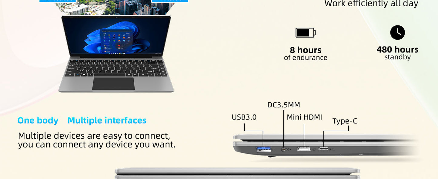 14 Inch  Windows 11 Computer Laptop PC 12GB LPDDR4 RAM 256GB SSD ROM  4-Core Processor WIFI 1080p FHD IPS Screen with Celeron