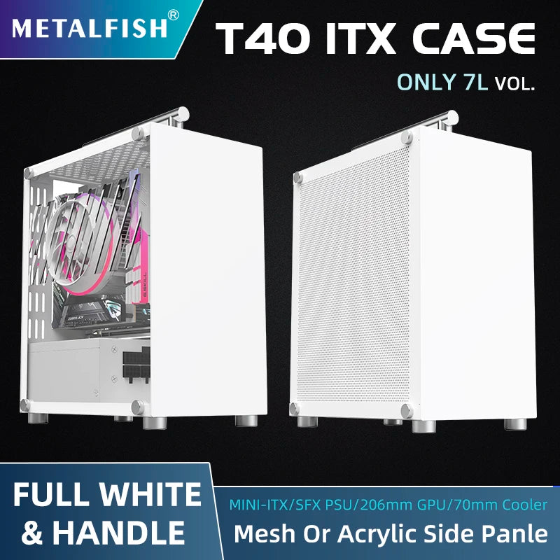 METALFISH T40 Mini ITX Black Case 7L Gaming Computer Chassis Compact transparent PC Support SFX PSU/70mm Cooler/206mm GPU
