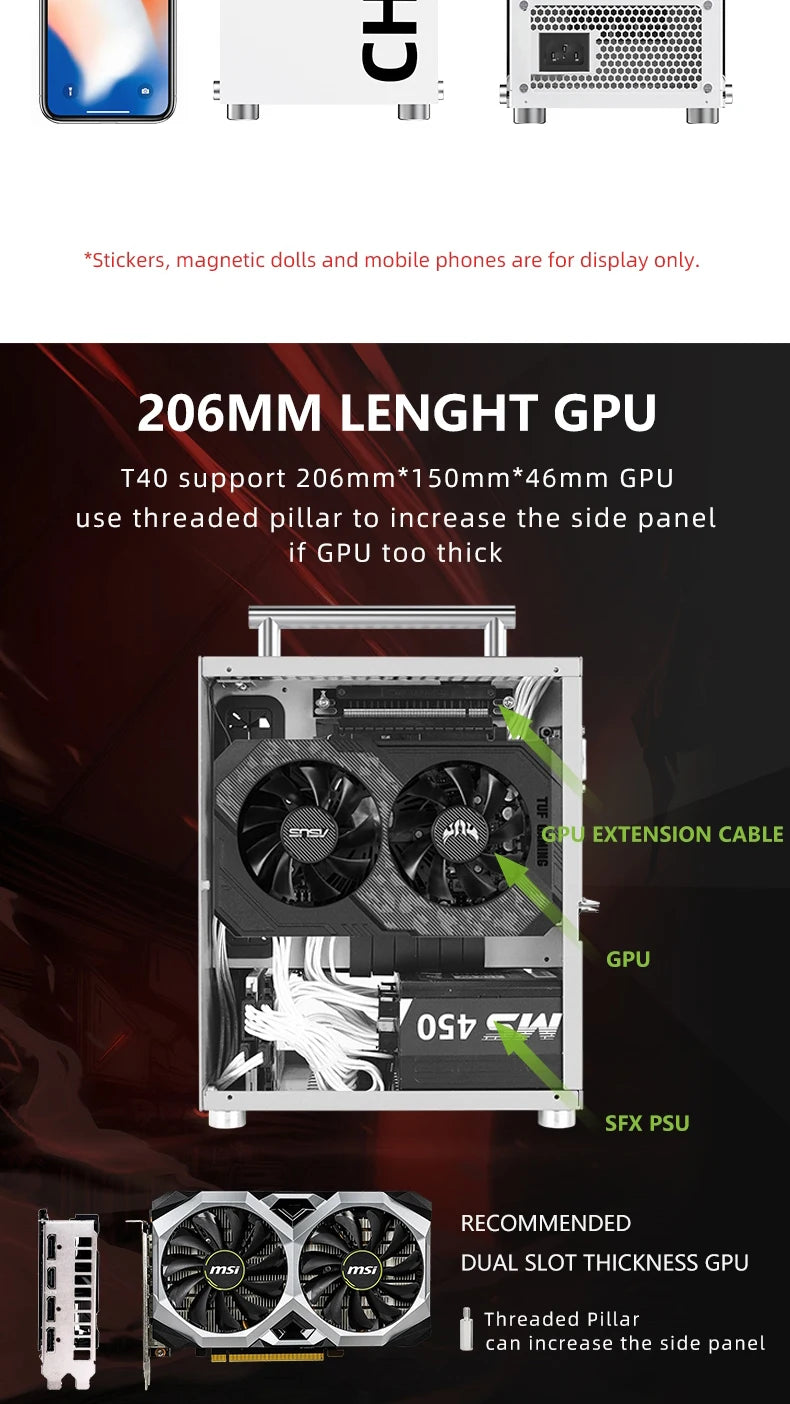 METALFISH T40 Mini ITX Black Case 7L Gaming Computer Chassis Compact transparent PC Support SFX PSU/70mm Cooler/206mm GPU