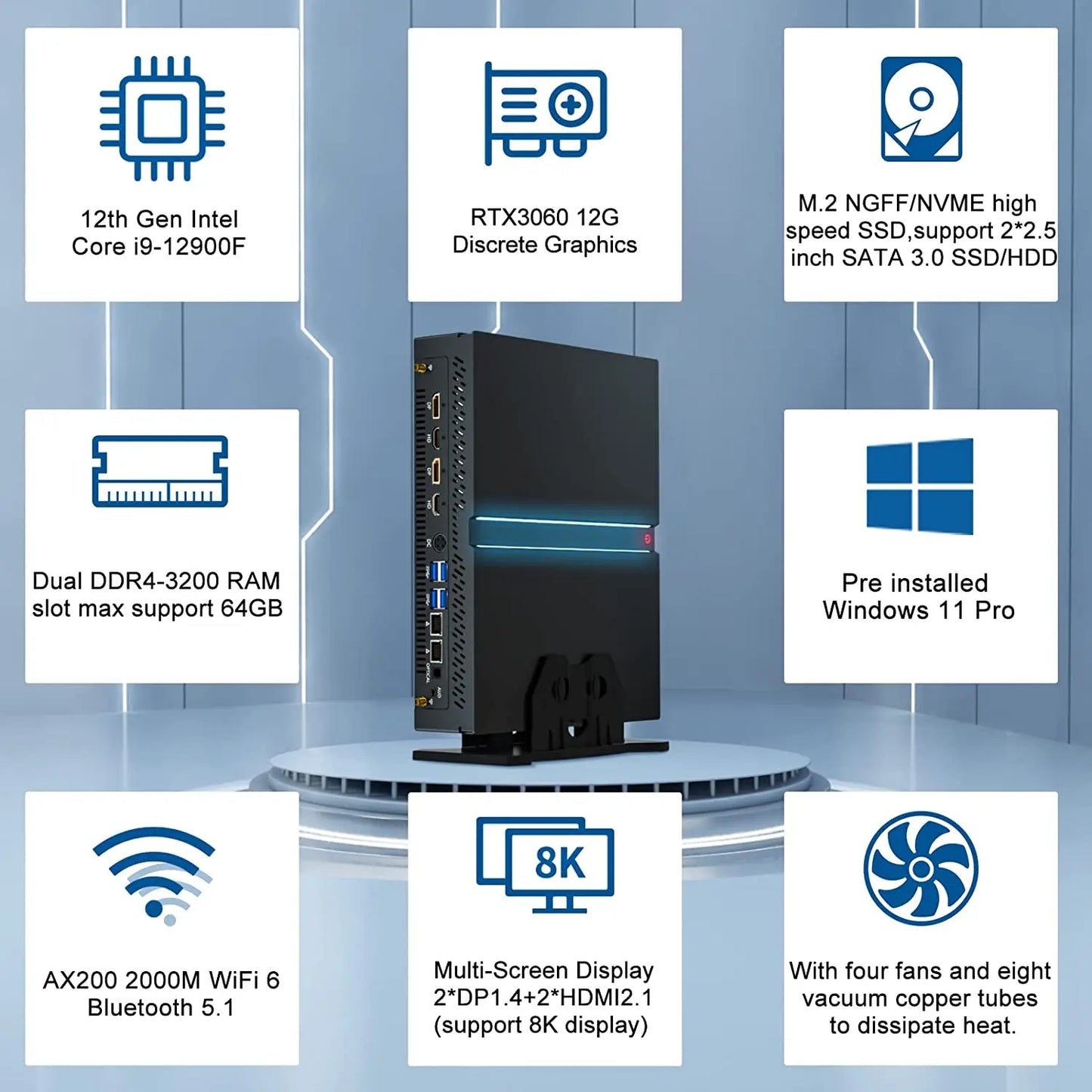 Mini Gaming PC 12th Gen Core I9 12900F RTX 3060  Graphics PCIE4.0 SSD Windows 11 WiFi6 Mini PC Desktop 8K 4-screen
