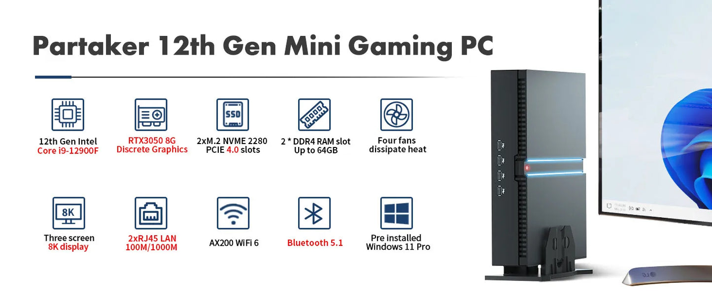 Mini Gaming PC 12th Gen Core I9 12900F RTX 3060  Graphics PCIE4.0 SSD Windows 11 WiFi6 Mini PC Desktop 8K 4-screen