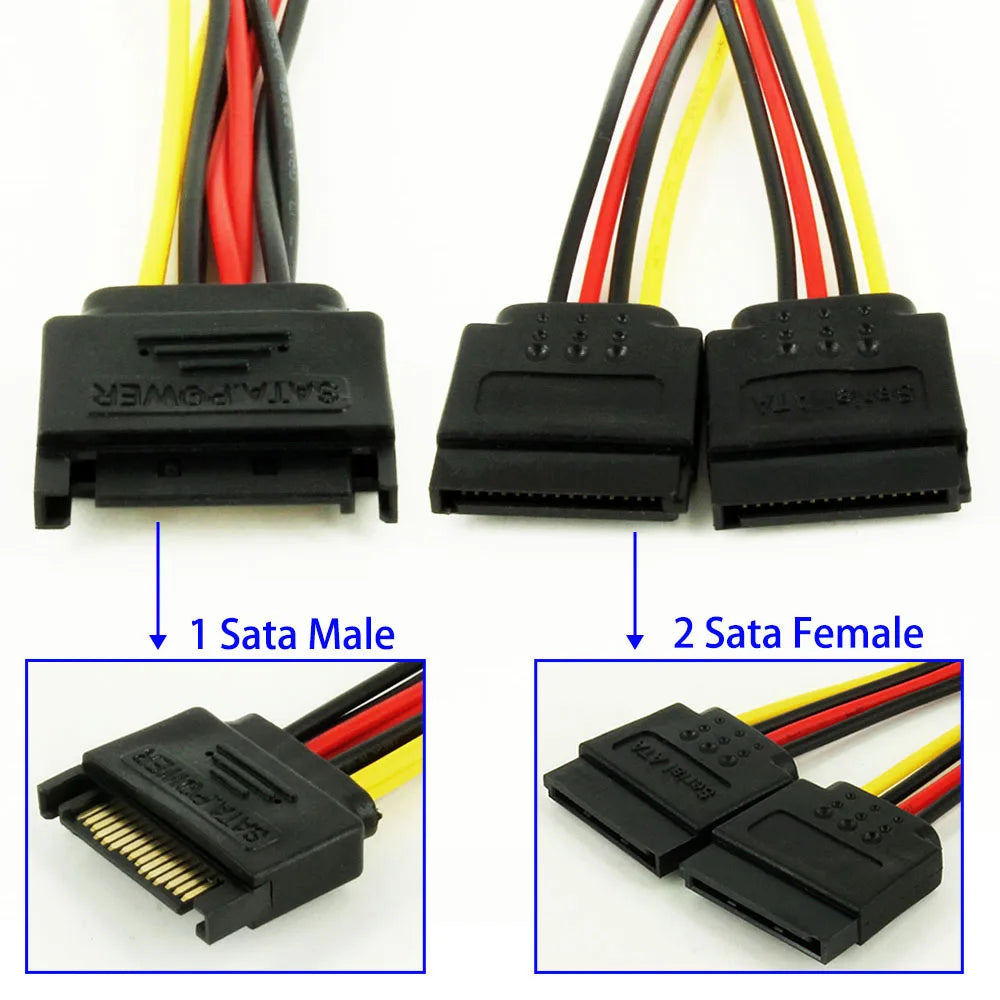 OULLX SATA 1 Male to 2 Daul Female SATA Splitter Cable Hard HDD 15PIN 1 to 2 Power Adapter Cord for Computer Y Shape PC Cable