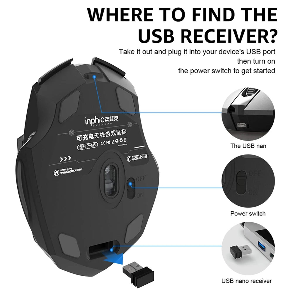 Bluetooth Compatible Mouse Rechargeable 2.4G INPHIC Wireless Mouse Office Mute Support PC Laptop Tablet Smartphone Universal