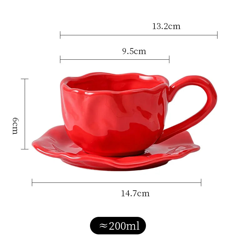 200ml Black Red Macaroon Creative Hand Squeezed Pinched Ceramic Coffee Mug Cup With Saucer For Cafe Restaurant Table Decor 1 PC