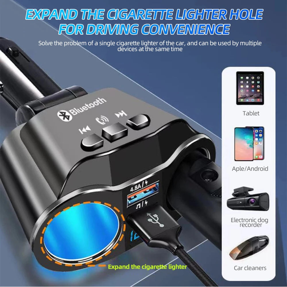 Car Cigarette Lighter Splitter Charger Dual USB QC 3.0 Quick Charge 12V Auto FM Transmitters Bluetooth Hands-free Call Sockets