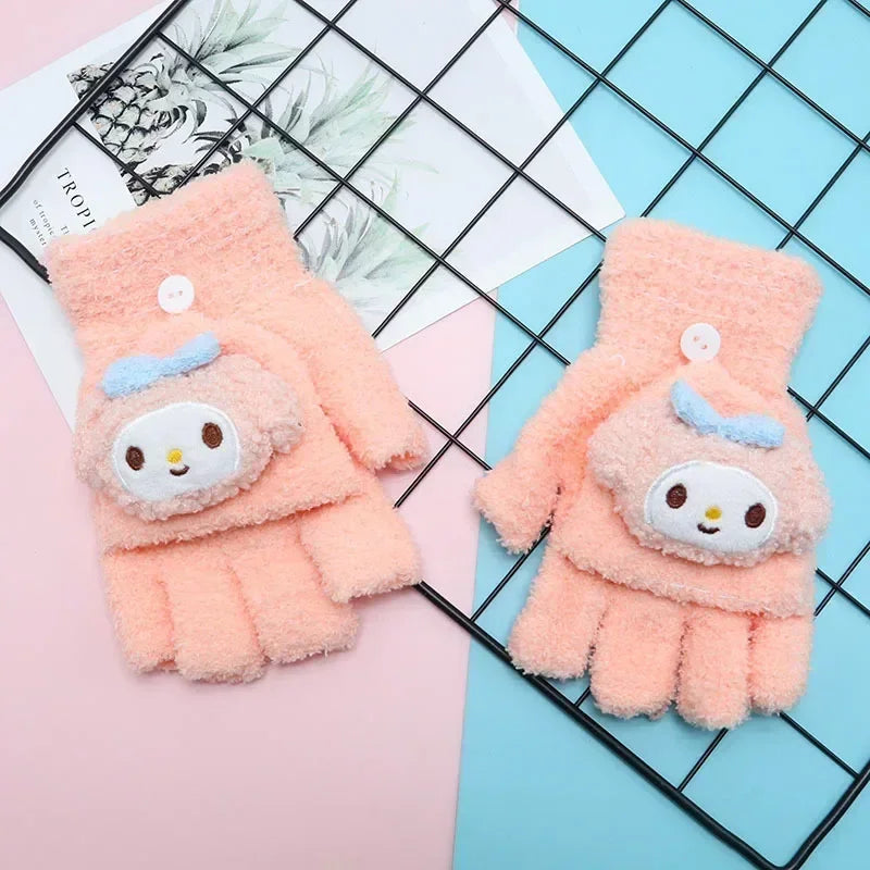 Sanrio Kuromi Childrens' Gloves Kawaii Hello Kitty Y2k Knitted Half-finger Flip Gloves Handwrite Melody Cartoon Cute Students'