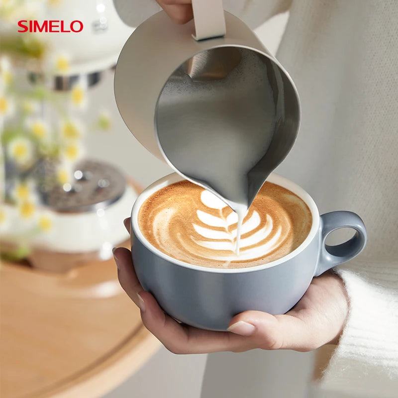 SIMELO 300ml Ceramic Coffee Cup with Saucer Set Professional Barista Latte Mug Featuring Handle for Enhanced Grip
