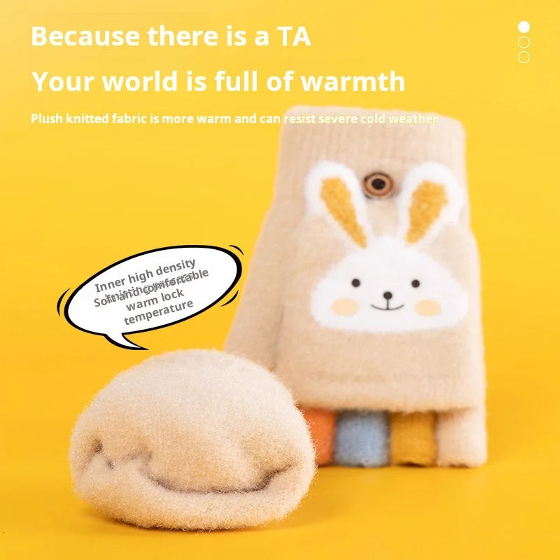 4-11 year old cartoon bunny five finger children's gloves winter thick half finger flip knitted gloves winter new warm gloves
