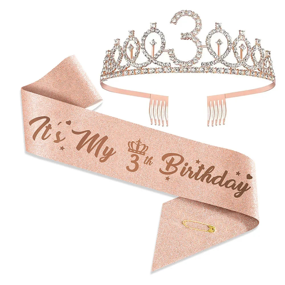 3 4 5 6 7 8 9 Rhinestone Crystal Crown Tiara Birthday Anniversary Decoration Happy Birthday Satin Sash Party Supplies