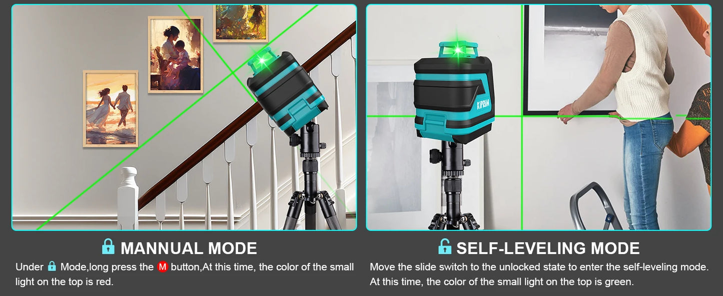 Kiprim Laser Level 2 Lines/5 Lines 360 Automatic Leveling Level Construction Tool Equipment Green Light Professional Cross Laser