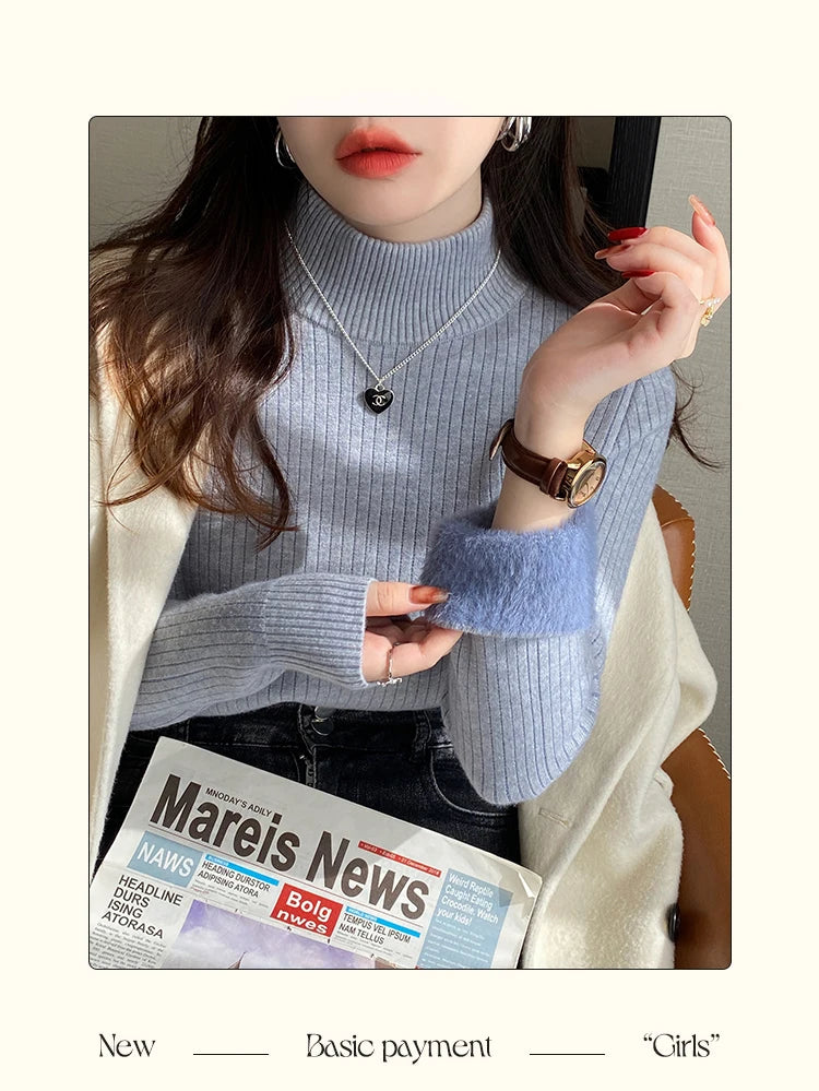 Women's Turtleneck Sweater Winter 2025 Retro Red with Velvet Lining Thickened Inner Wear Thermal Knitting Bottoming Shirt