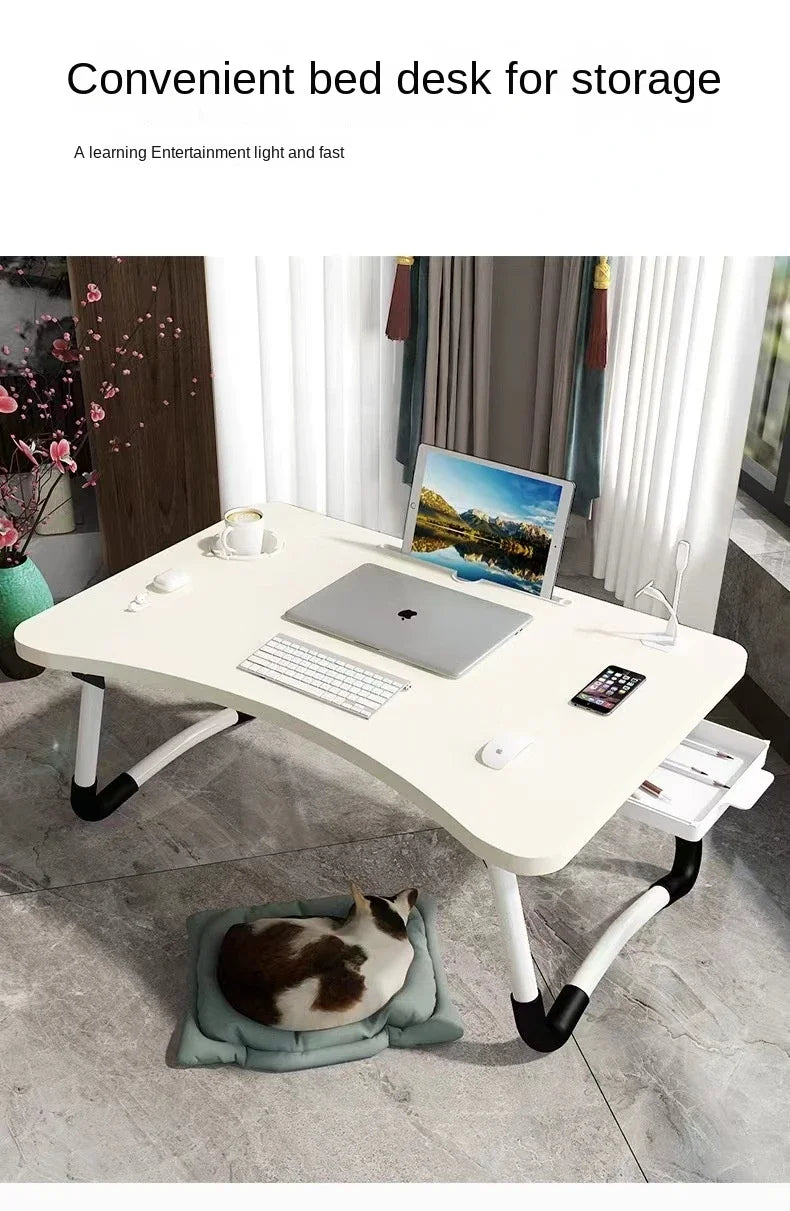 Foldable Laptop Table for Bed & Office Study Portable Black Brushed Modern Simple Design with Drawers Lazy Folding Desk