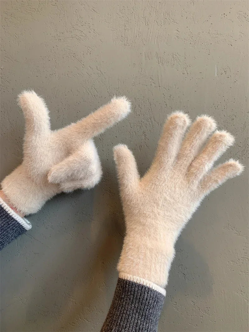 Fashion Winter Mink Velvet Five Finger Gloves Plush Warm Cold-proof Gloves Women Outdoors Cycling Solid Color Wistiti Mittens
