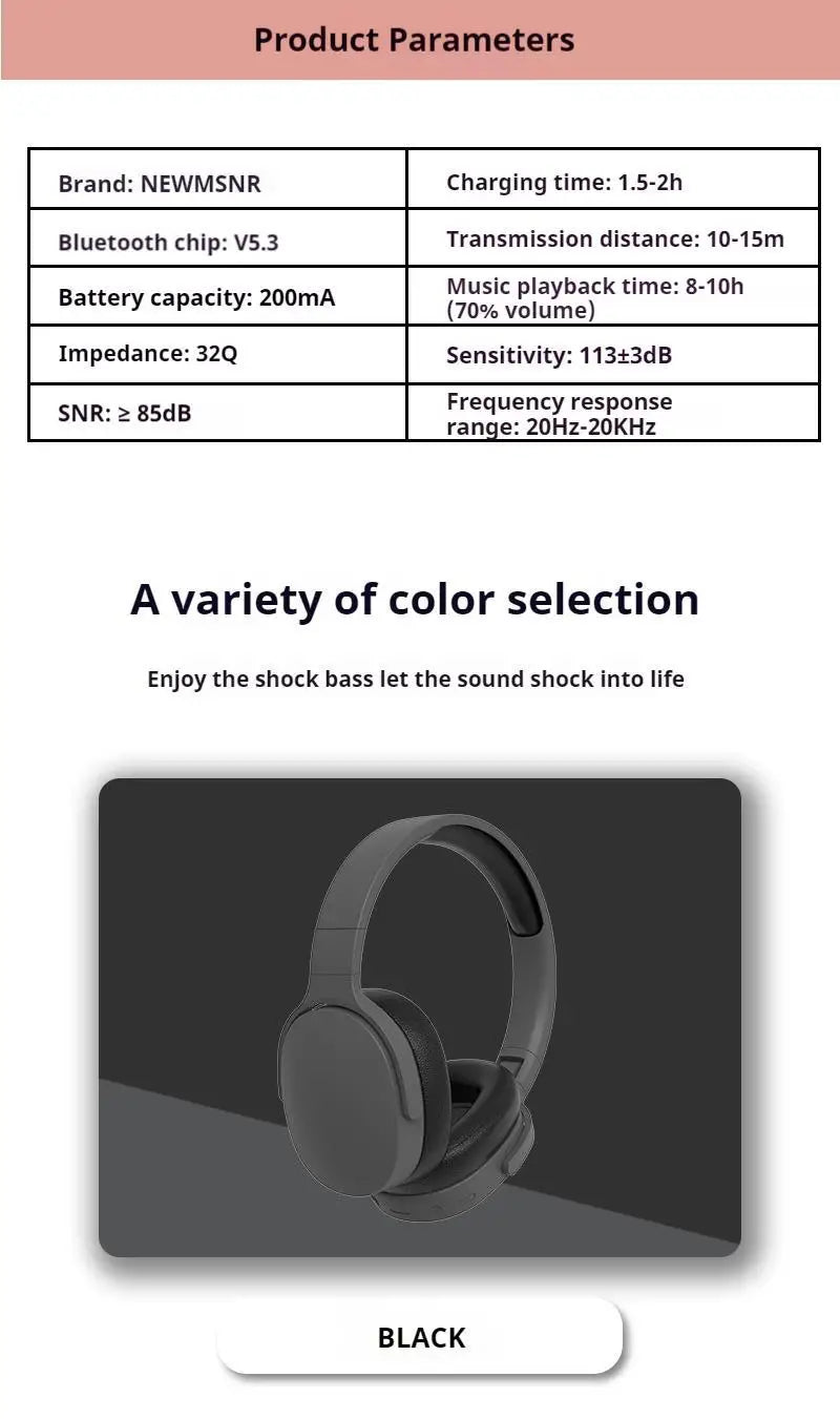 NEWMSNR 9D Surround Sound Wireless Bluetooth Headphones Over Ear Headsets True Sports Earphones TF/AUX Music Player with HD Mic