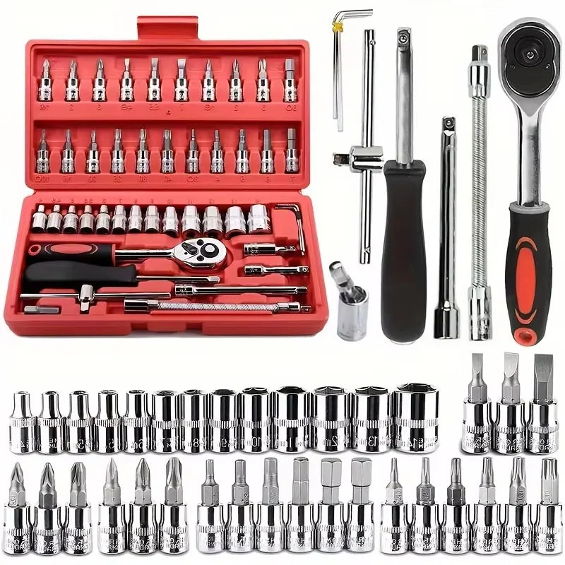 46pcs/Set Socket Wrench Diy Repair Tool Kit Ratchet Screwdriver for Car Repair Hardware Toolbox for Auto Repairing and Household