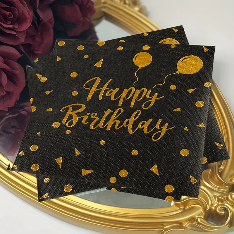Happy Birthday Black Gold Disposable Tableware Birthday Party Decoration Adult Birthday Anniversary Supplies Paper Plate Napkins