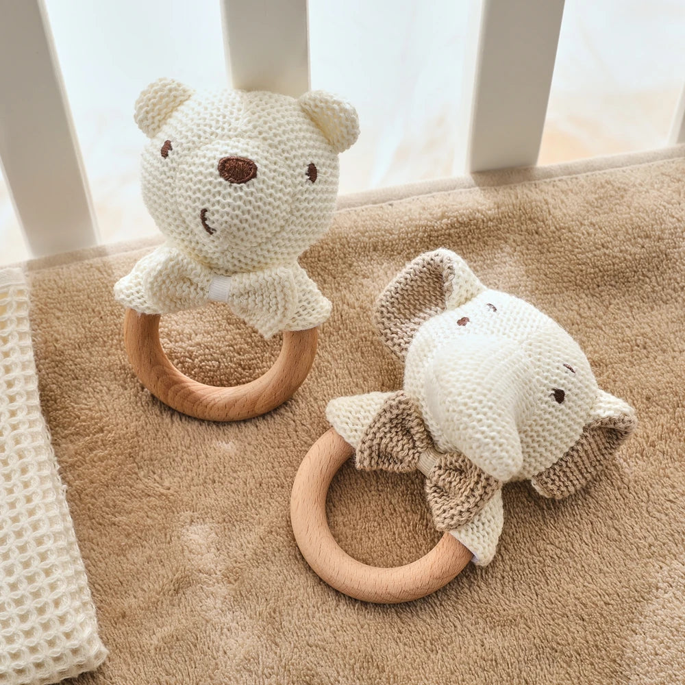 Baby Rattle Toys Cute Bear Crochet Animal Toys Cartoon Wooden Teether Baby Mobile Crib Product Wooden Newborn Rattle Toys