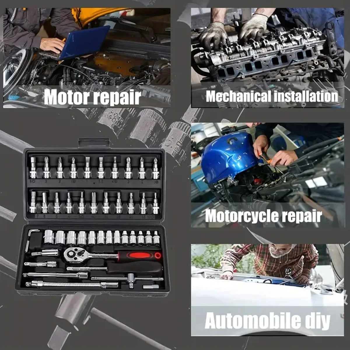 46pcs Car Repair Tool Kit 1/4-Inch Socket Set Car Repair Tool Ratchet Torque Wrench Combo Auto Repairing Set Mechanic Tool