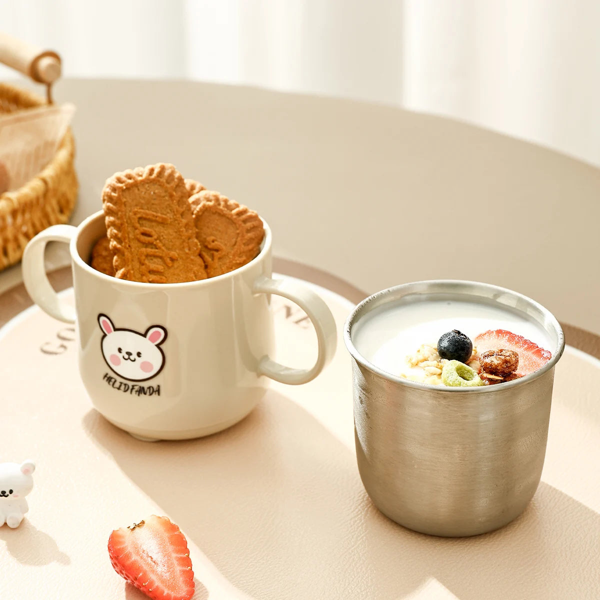 WORTHBUY New 304 Stainless Steel Water Cup Mug With Handle Cute Double Wall Milk Coffee Cup Anti Scalding Drinking Cup For Kids