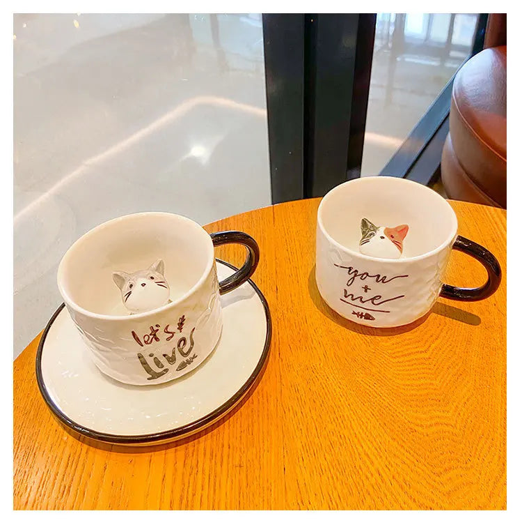 Creative Cartoon Relief Ceramic Cup Animal Inside Mug Kitty Cat Coffee Cup Milk Coffee Mug with Tray