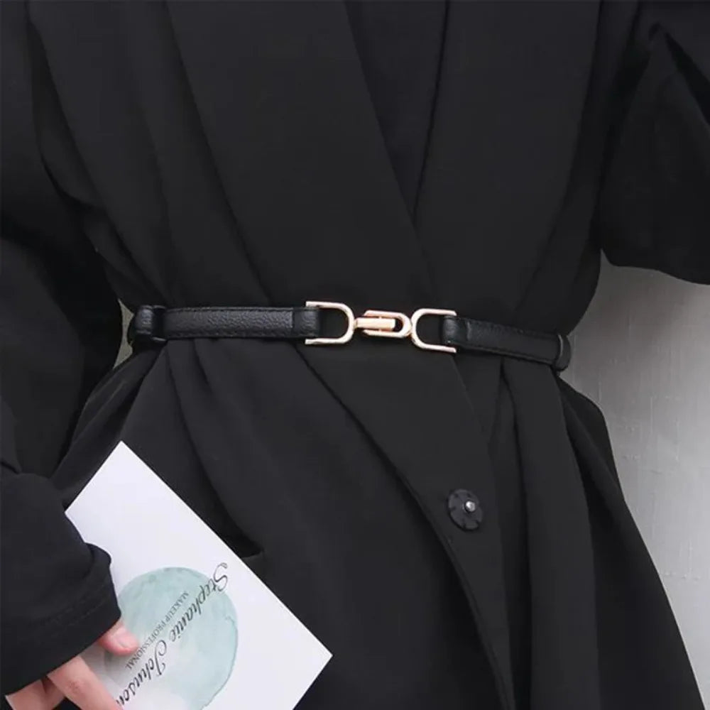 Women's belt-style fashion and simple decorative dress with a fitted waist and versatile black thin belt