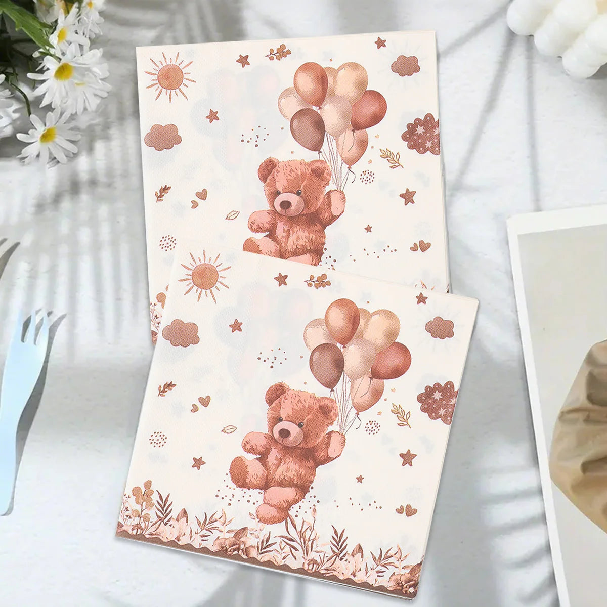 20/24pcs Disposable Tableware Brown Teddy Bear Balloon Paper Napkin Happy Birthday Party Decor Kid Boy Girl Baby Shower Supplies