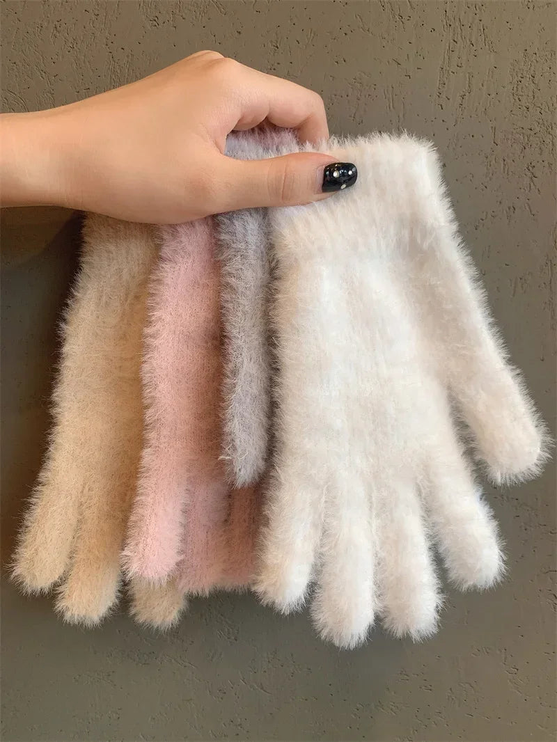 Fashion Winter Mink Velvet Five Finger Gloves Plush Warm Cold-proof Gloves Women Outdoors Cycling Solid Color Wistiti Mittens