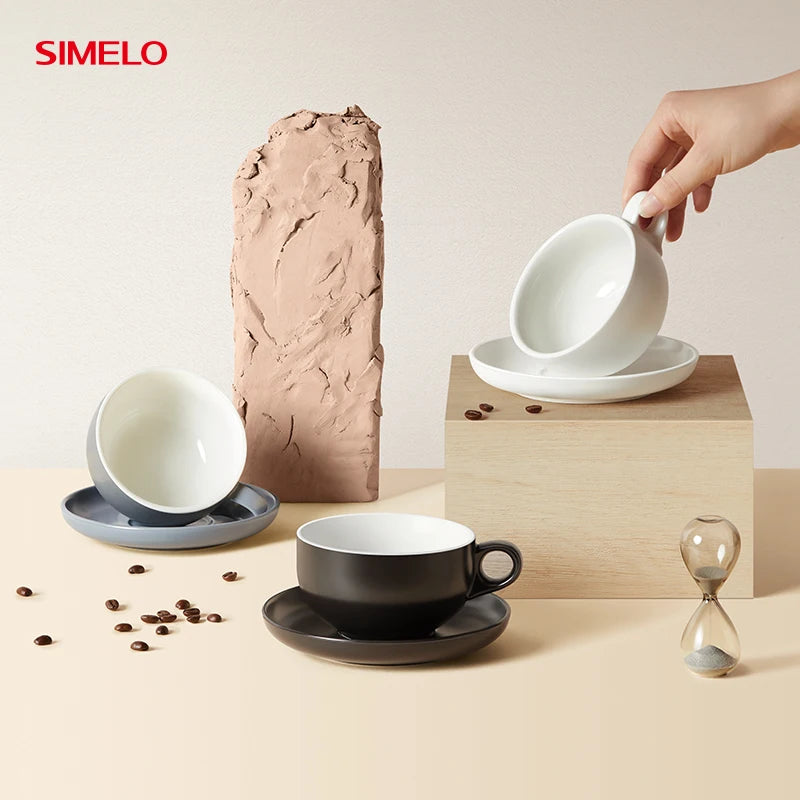 SIMELO 300ml Ceramic Coffee Cup with Saucer Set Professional Barista Latte Mug Featuring Handle for Enhanced Grip