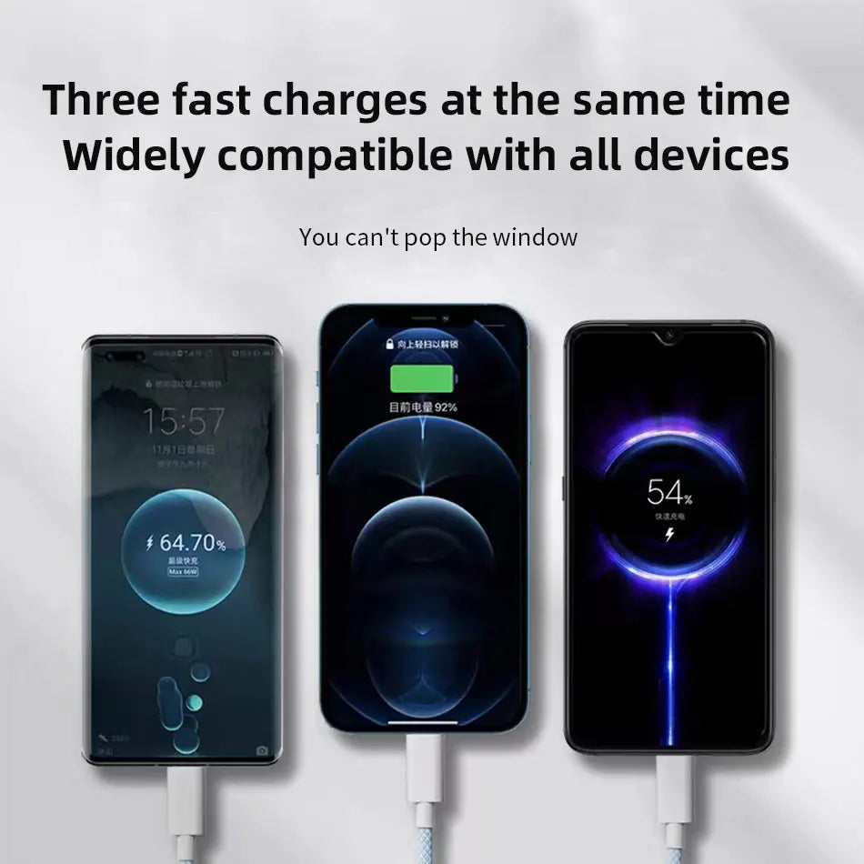 66W 3 In 1 Fast Charging Cable 6A Micro USB Type C Data Cable For Xiaomi Super Fast Charger Nylon Braid Cable 1.2M/2M/3M