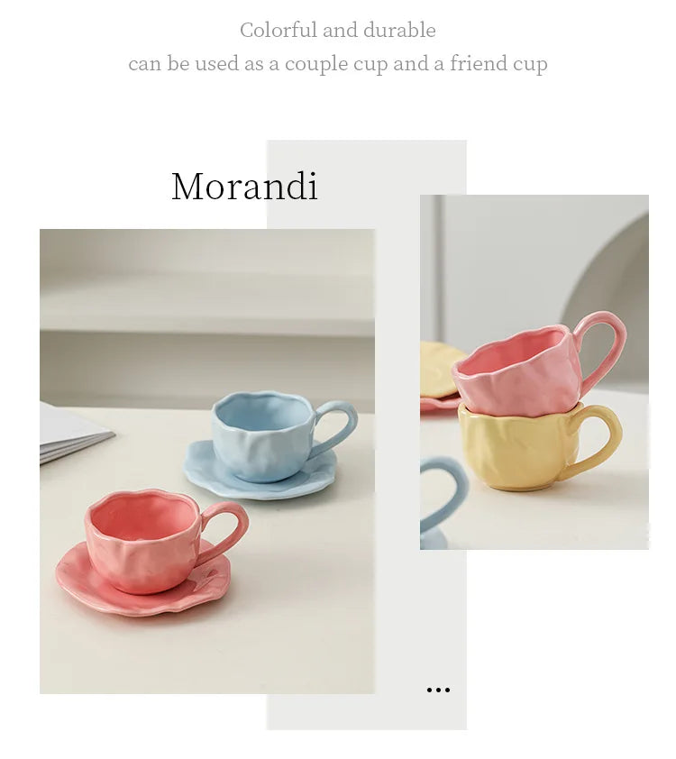 200ml Black Red Macaroon Creative Hand Squeezed Pinched Ceramic Coffee Mug Cup With Saucer For Cafe Restaurant Table Decor 1 PC