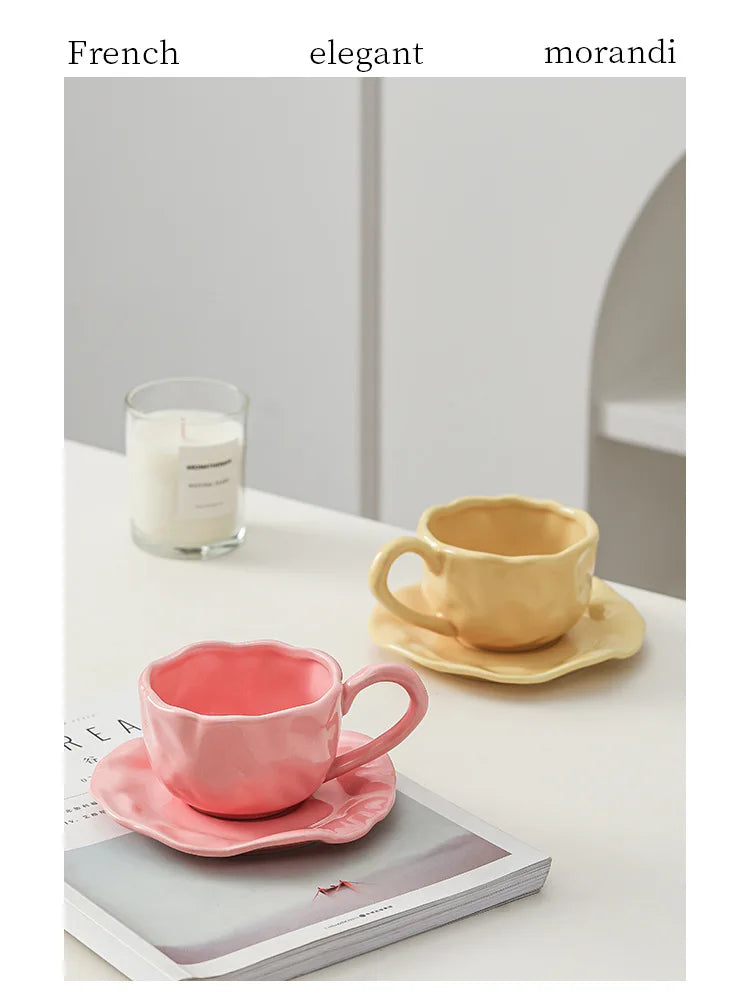 200ml Black Red Macaroon Creative Hand Squeezed Pinched Ceramic Coffee Mug Cup With Saucer For Cafe Restaurant Table Decor 1 PC