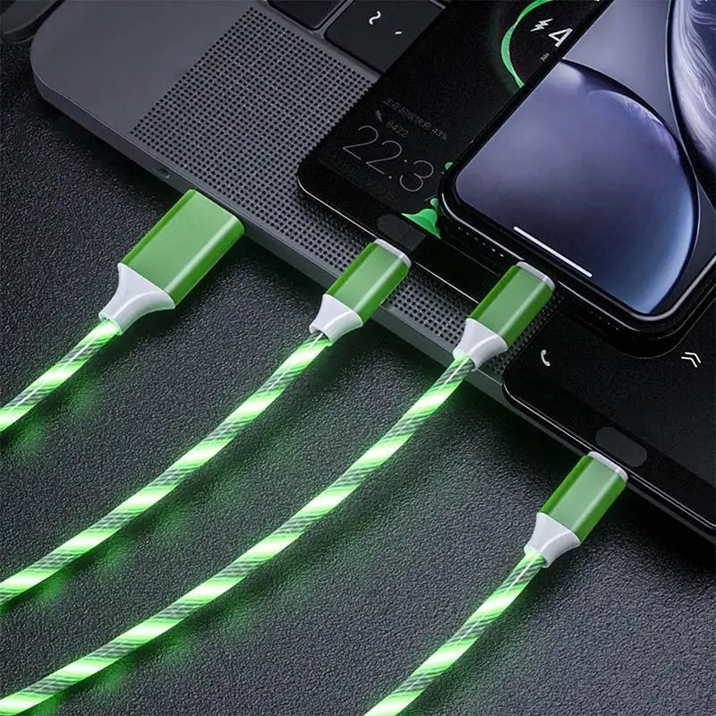 3IN1 Metal Streamer Cable Is Suitable for Apple Android Type C Mobile Phone One Split Three Fast Charging Luminous