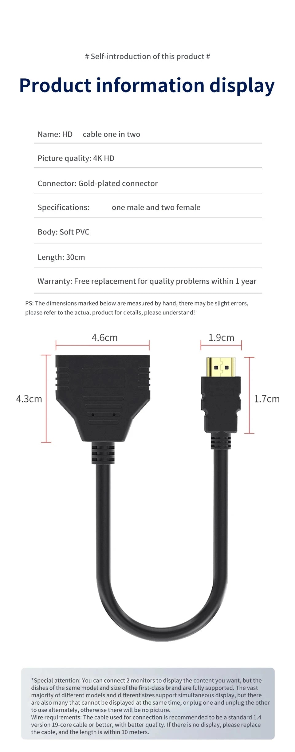 1 In 2 Out HDMI-compatible Splitter Cable 1080P 2 Dual Port Hdmi-Compatible Cable Y Splitter Adapter for Laptop Monitor TV Box