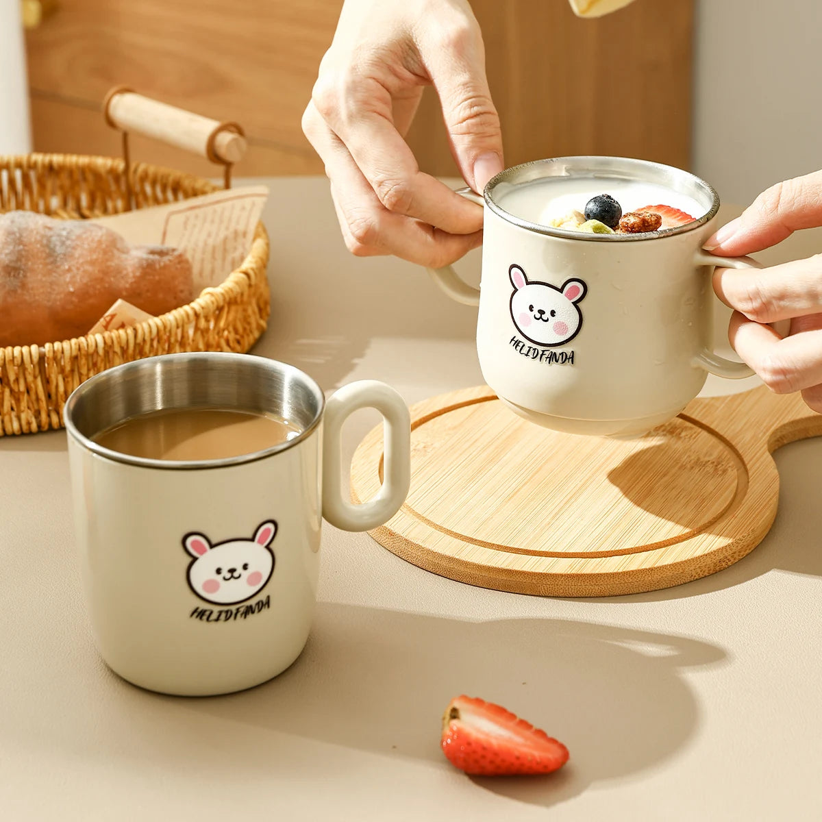 WORTHBUY New 304 Stainless Steel Water Cup Mug With Handle Cute Double Wall Milk Coffee Cup Anti Scalding Drinking Cup For Kids