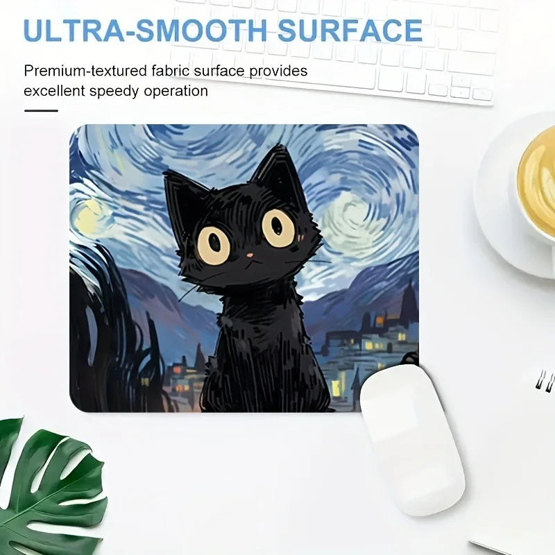 Starry Night mouse pad with cute black cat, study and office use, office accessories, rectangular workstation pad - durable, wat