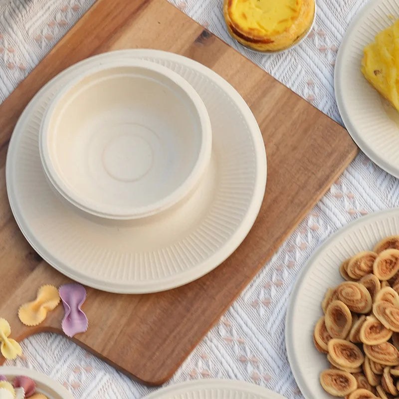 20/40pcs Disposable Paper Bowls Natural Sugarcane Paper Soup Bowls Desserts Fruit Salads Food Containers Party Dinner Plate Set