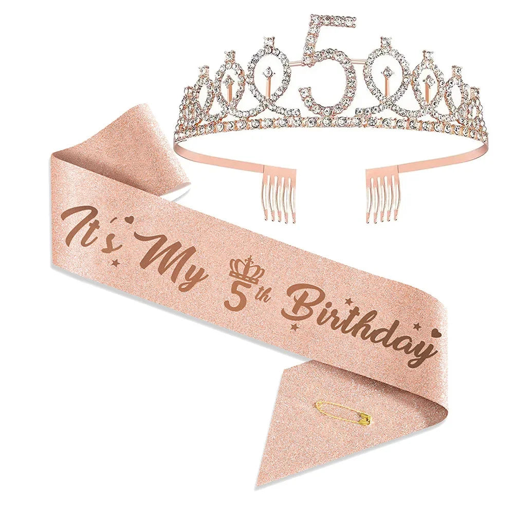3 4 5 6 7 8 9 Rhinestone Crystal Crown Tiara Birthday Anniversary Decoration Happy Birthday Satin Sash Party Supplies