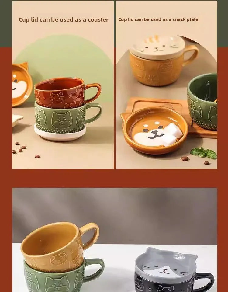 Japanese Sle Cerc Couple Mugs with Lid Dog And  Design Breakfast Cups Hand-Painted Animal Patterns 350ml Capaci