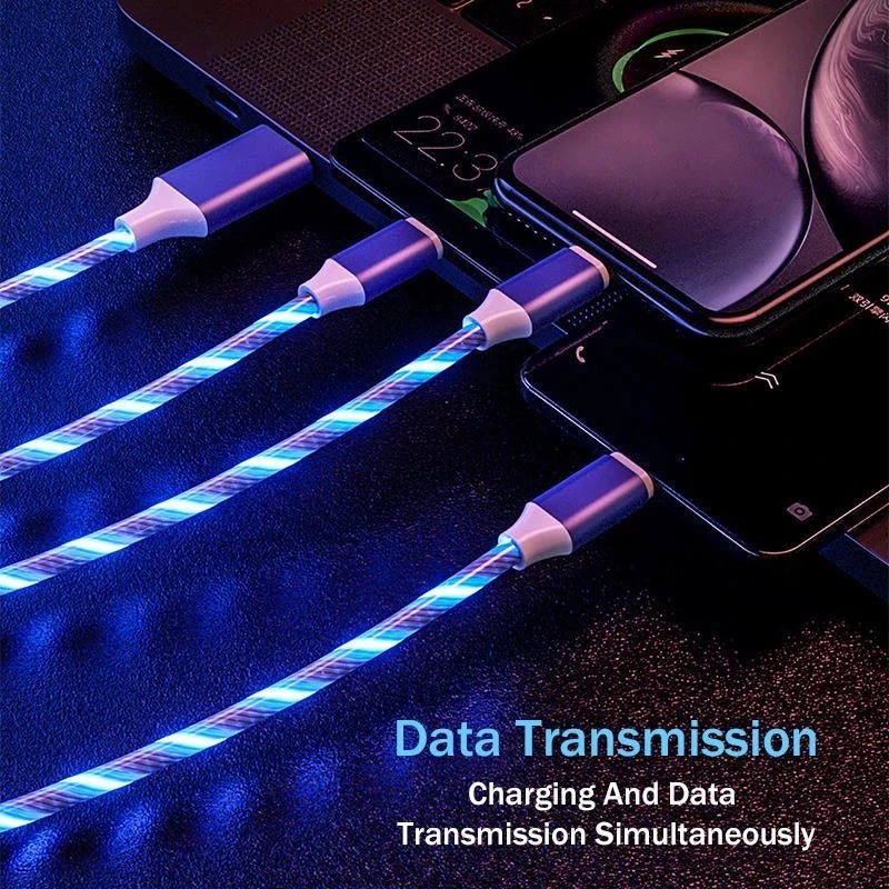 3IN1 Metal Streamer Cable Is Suitable for Apple Android Type C Mobile Phone One Split Three Fast Charging Luminous
